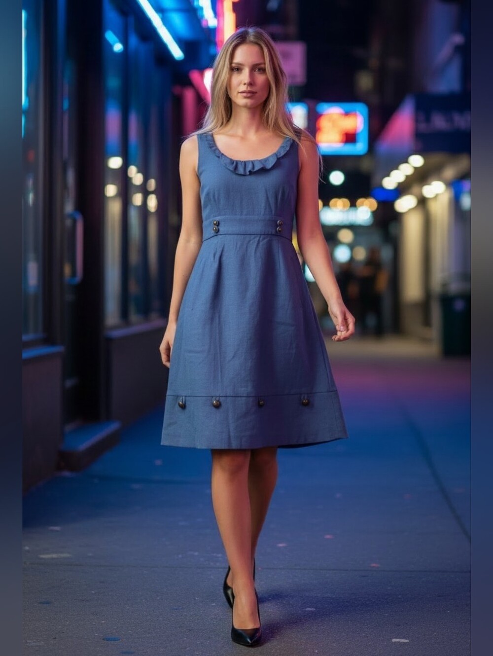 Moulinette Soeurs Blue Wool Blend Ruffle Neck Dress Sleeveless Fit & Flare Sz 4